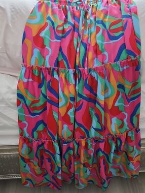 Source Unknown Bright Abstract Multi-Color Tiered Maxi Skirt